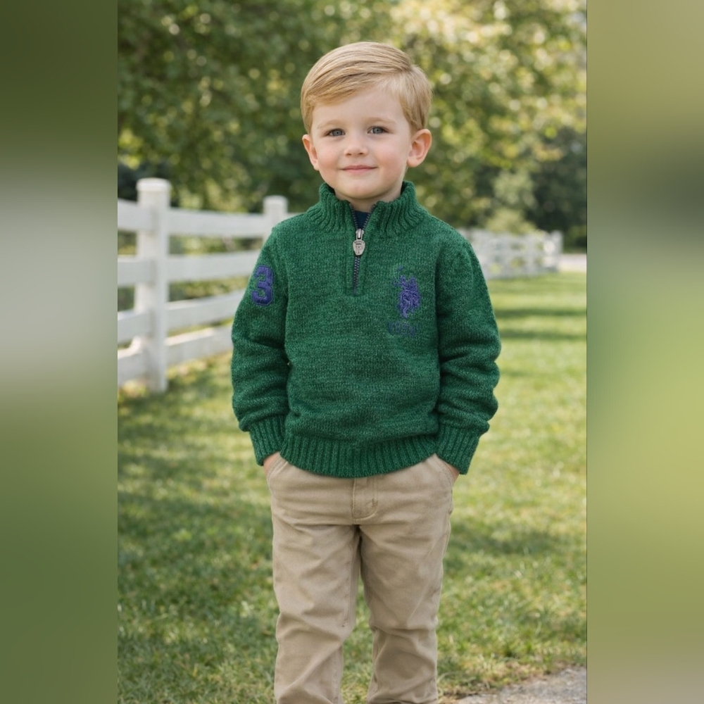 U.S. Polo Assn. Green Knit Quarter Zip Sweater Kids Size 4 Preppy Vintage